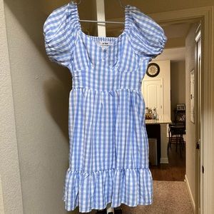 In Loom Blue Gingham Dress w Balloon Sleeves & Smocked Back